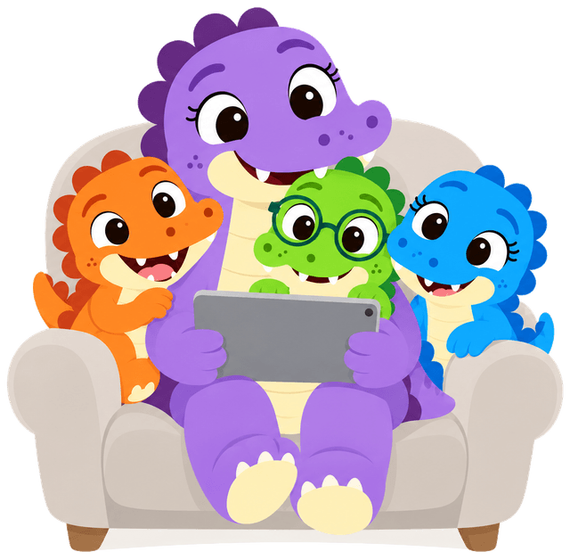 A purple parent crocodile and the three baby Clever Crocs watching a tablet together in an armchair